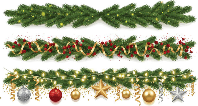 A collection of three decorative Christmas garlands featuring evergreen branches, festive lights, red berries, and shiny ornaments isolated on a white background