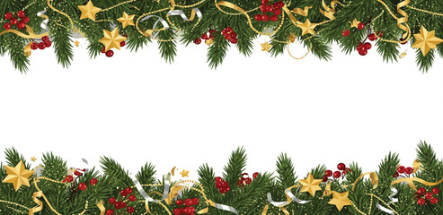 Festive Christmas and New Year Garland Border with Ornaments and Berries - Elegant Holiday Decoration