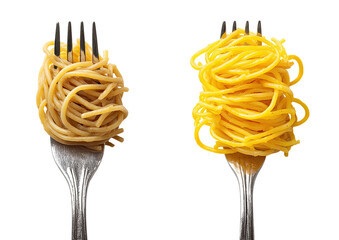 Two forks with spaghetti nests, one lighter, one darker
