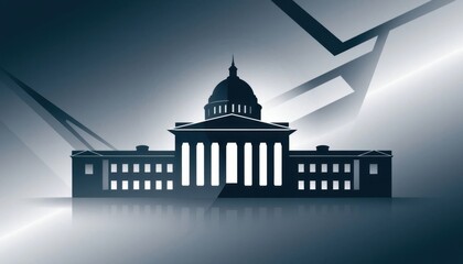 Silhouette of a classical building with a dome, set against a modern abstract background. The structure features columns and a symmetrical design.