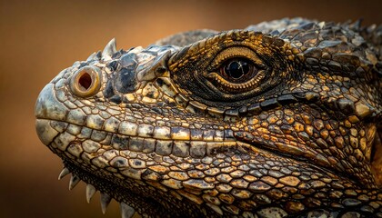 Fototapeta premium Detailed close-up of an iguanas head showcasing its scales and eye.