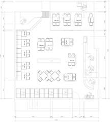 2D Drawing Restaurant Interior Design with Furniture Layout Plan and Space Planning Details