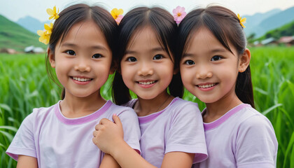 Three Smiling Asian Girls United in a Green Meadow