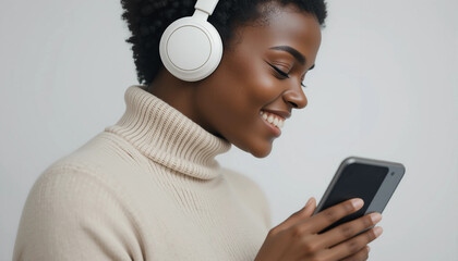 Content Woman Enjoying Music and Phone Content Indoors
