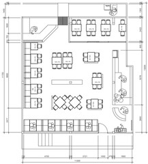 2D Drawing Restaurant Interior Design with Furniture Layout Plan and Space Planning Details