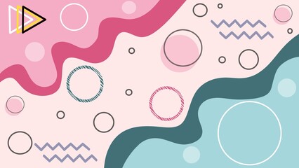 Pink and teal abstract shapes with bubbles, retro pattern background, mephis style