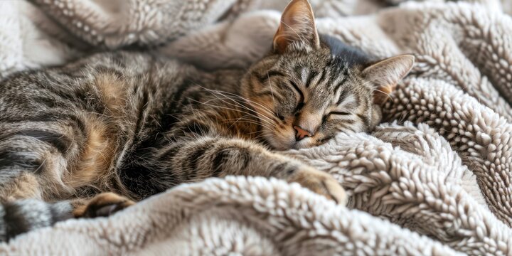 A tabby cat with striped fur is sleeping on a textured blanket in a cozy, indoor setting.