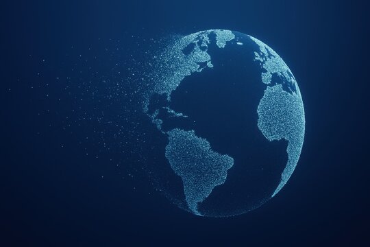 A digital representation of Earth made of particles, set against a dark blue background. The globe appears to be disintegrating into small dots.