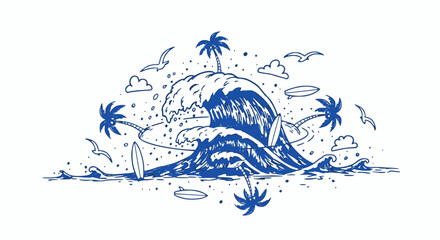 Detailed vector illustration of a massive, crashing ocean wave with palm trees, flying surfboards, seagulls, and tropical elements swirling around it, rendered in a vintage, hand-drawn blue line art s