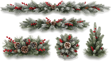 Set of realistic Christmas decorations with frosted pine branches, red berries, and cones isolated on a white background