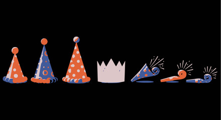 Vector illustration set of festive party supplies, including three dotted conical party hats, a simple white paper crown, and three noise makers or party blowers, all on a striking black background.