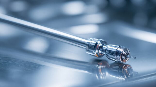 laparoscope. Slender laparoscope with polished metal surface reflecting light, on a medical tray with professional lighting. product launch decks.