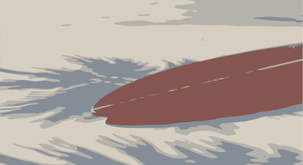 Close-up, low-angle vector illustration of a reddish-brown surfboard floating in calm, shallow water, rendered in a muted, slightly abstract style with subtle surface reflections and shadows on the sa