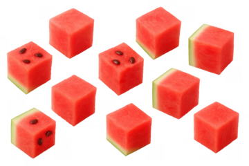 Watermelon cubes with red flesh and green rind falling, refreshing and healthy food, transparent background