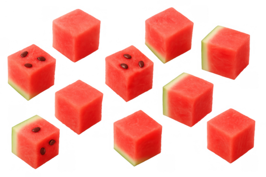 Watermelon cubes with red flesh and green rind falling, refreshing and healthy food, transparent background