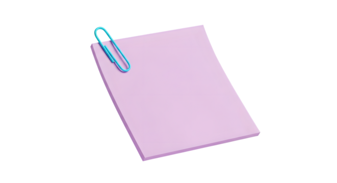 Pink sticky note with paperclip isolated on transparent background