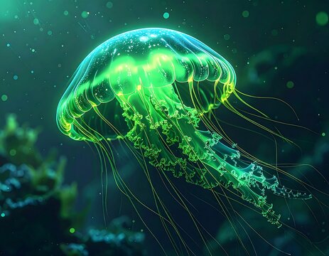 A luminous jellyfish glows with vibrant green light in the ocean depths, surrounded by blurred aquatic life