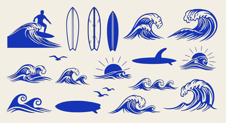 Large collection of detailed vector elements for surf and beach themes, including dynamic ocean waves in various styles, surfer silhouettes, longboards, shortboards, seagulls, and a setting sun, all i