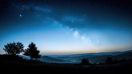 Naklejka premium planetarium. Night sky filled with stars and the Milky Way, glowing in deep blue with long exposure effect. travel magazines, destination branding, designed for travel destination branding.