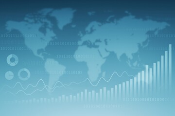A digital world map with data visualization elements. Graphs and charts display trends and statistics in a blue gradient background.