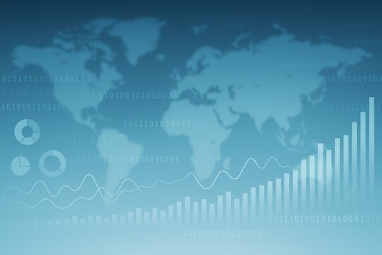 A digital world map with data visualization elements. Graphs and charts display trends and statistics in a blue gradient background.