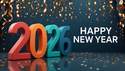 3 D Red Orange Teal Blue 2026 Numbers Happy New Year Confetti celebration