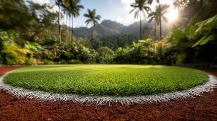 Experience tropical tranquility on this lush green lawn surrounded by swaying palms and distant mountain views, perfect for relaxation and escape