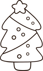 Simple line Christmas tree coloring page with stars and ornaments.
