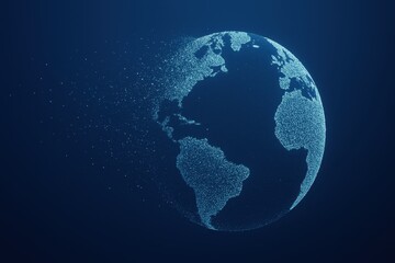 A digital representation of Earth made of particles, set against a dark blue background. The globe appears to be disintegrating into small dots.