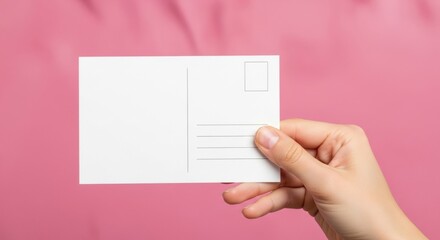 Obraz premium Hand Holding Blank Postcard on Pink Background with Shadow Overlay, White, Copy space, Message