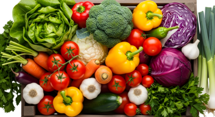 Fresh assorted vegetables in wooden crate isolated on transparent background