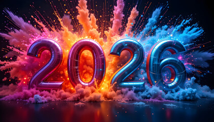 2026 metallic balloons with colorful smoke and sparks year celebration