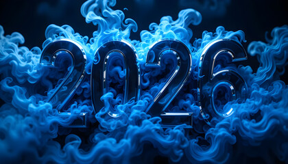 2026 metallic numbers surrounded by swirling blue smoke year chrome