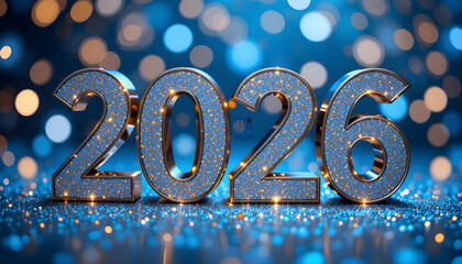 2026 metallic numbers with blue glitter and bokeh lights year celebration