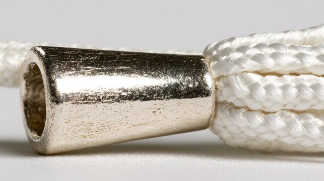 osmium. Polished metal aglet at the end of a white shoelace with metallic texture. lifestyle magazines, social media lookbooks, designed for lifestyle magazines and social media content.