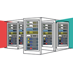 A colorful line art illustration of multiple server racks in a modern data center.