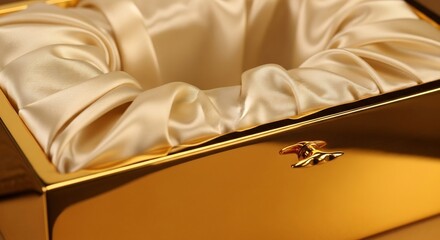 柔らかな光が優しく照らす豪華な金色の箱がしなやかなサテンの内張りを美しく見せ特別な贈り物への期待感を高める. AI Generated