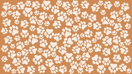 White paw print seamless brown pattern, pet footprint background, animal texture design