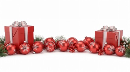 Festive red gifts and ornaments create a magical holiday celebration scene