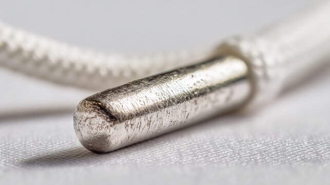 osmium. Polished metal aglet at the end of a white shoelace with metallic texture. lifestyle magazines, social media lookbooks, designed for lifestyle magazines and social media content.