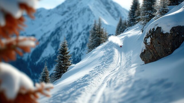 Dynamic skier carving fresh powder down a pristine snow-covered mountain slope amidst majestic evergreen trees and rocky outcrops