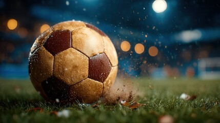 Dynamic soccer ball kicks up dirt on lush green field under dramatic stadium lights, capturing intense game action and athletic spirit