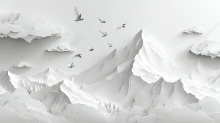 White paper art: Mountains, clouds, birds