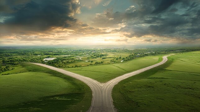 divergence. A symbolic fork in the road with two diverging paths under a dramatic sky, representing choices. wellbeing guides, coaching materials, designed for coaching and self-improvement content.