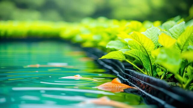 Lush green leaf aquatic garden with koi fish reflective water soft focus tranquil pond nature scene vibrant color spring growth aquaponics koi pond