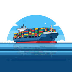 Vector illustration of a large cargo ship loaded with colorful shipping containers sailing on the sea.
