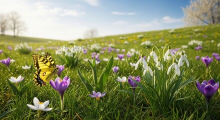 Obraz premium Spring Meadow with Butterfly and Flowers, Crocus, Snowdrops, Green grass
