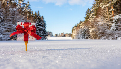 Christmas gift box on a golf tee in a snowy winter fairway landscape