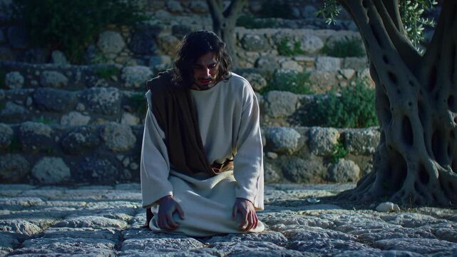 Jesus Christ Kneeling in Prayer in the Garden of Gethsemane.