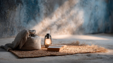 Quiet reading nook with a woven mat, single book, and soft lantern glow inviting solitude, mindful rest, and gentle reflection.